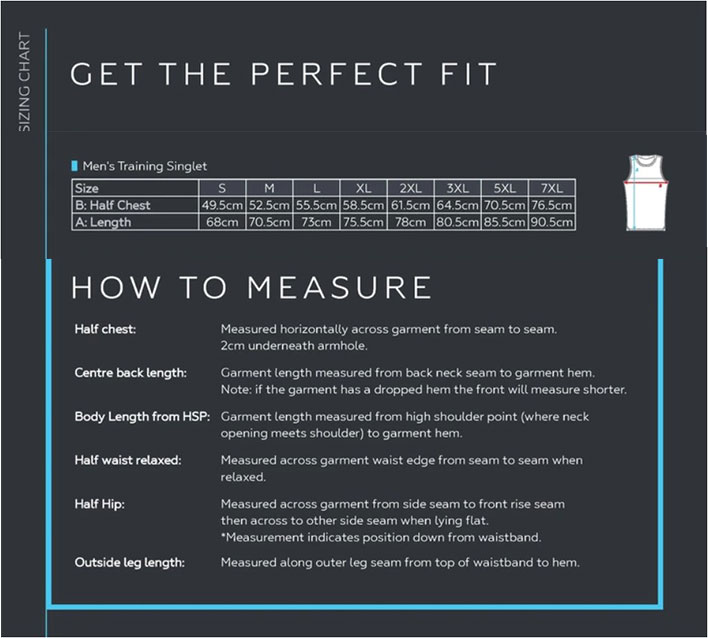Sizing chart for Gold Coast Titans 2020 NRL Mens Training Singlet